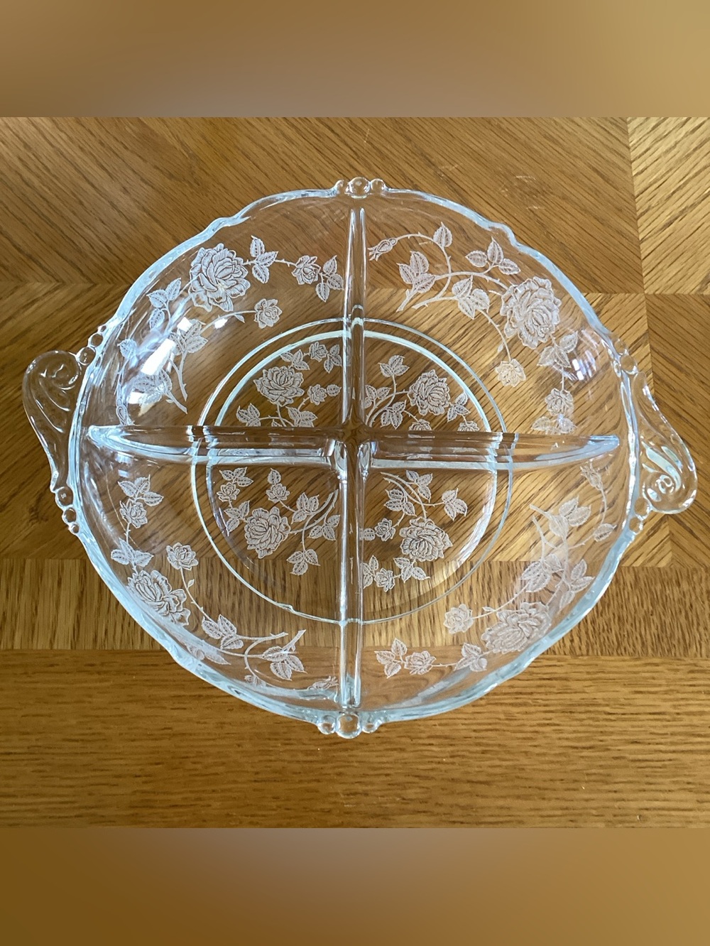 Vintage Heisey Rose Clear Crystal 9" Round 4 Part Relish Dish with Handles